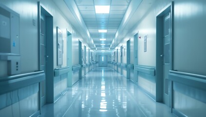 Obraz premium Side view of empty, pristine hospital corridor with patient rooms