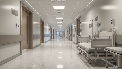 Obraz premium Side view of empty, pristine hospital corridor with patient rooms