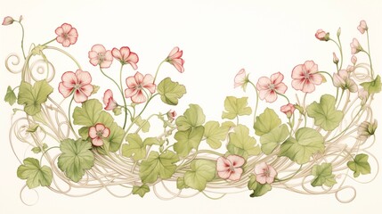 Illustrated Pattern of Delicate Pink Flowers and Green Leaves