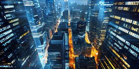 Modern skyscrapers illuminate night city vanishing