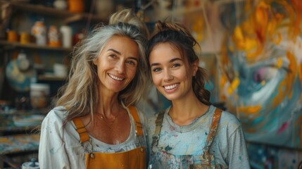 Obraz premium Cheerful middle aged woman with Young artist woman attend a painting workshop together and have fun. happy and cool smile on face showcasing their creative bond. Generative AI