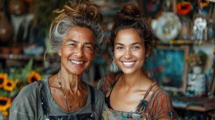 Fototapeta premium Cheerful middle aged woman with Young artist woman attend a painting workshop together and have fun. happy and cool smile on face showcasing their creative bond. Generative AI
