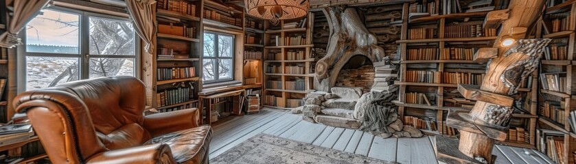 Cozy rustic library with wooden shelves, armchair, and unique tree-like design elements, perfect place for reading and relaxation.