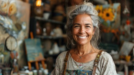 Cheerful middle aged woman with Young artist woman attend a painting workshop together and have fun. happy and cool smile on face showcasing their creative bond. Generative AI