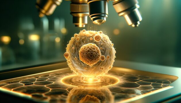 Microscopic view of a biological cell under a high-powered microscope, highlighting cellular structure and scientific research.