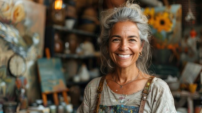 Cheerful middle aged woman with Young artist woman attend a painting workshop together and have fun. happy and cool smile on face showcasing their creative bond. Generative AI