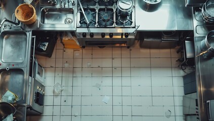 Overhead view of empty, spotless commercial kitchen with stainless steel appliances