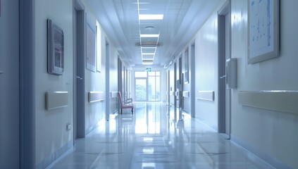 Side view of empty, pristine hospital corridor with patient rooms