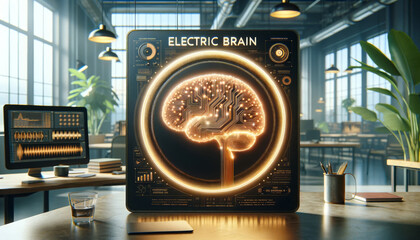 Futuristic workspace with advanced tech featuring a digital brain interface on a transparent screen in a modern office setting.