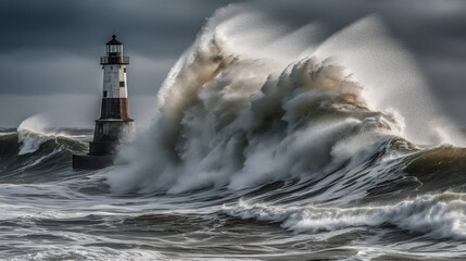 Dramatic Ocean Waves Crashing Against Lighthouse Under Stormy Sky