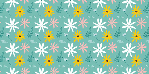Floral seamless pattern. Hand drawn bright flowers on turquoise background. Summer floral background for wallpapers, banners, postcards, packaging, social media posts, card design