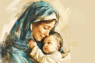 virgin mary with baby jesus sketch 