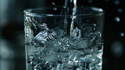 Crystal water pours into a transparent clean glass