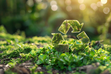 Moss-Covered Recycling Symbol in Nature