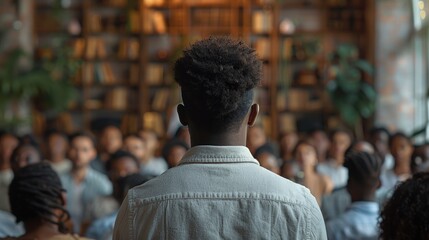Obraz premium Back view of a young man addressing a diverse audience in a library setting, focusing on leadership and public speaking.
