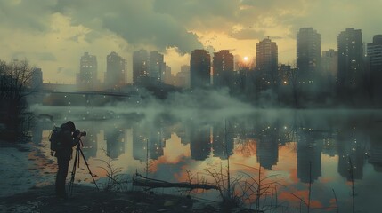 Serene City Skyline Reflects in Tranquil Lake During Moody Sunset Glow