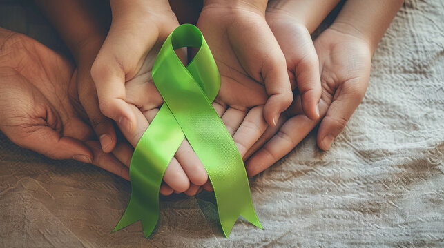 Hands of adults and children holding green health awareness ribbon. October 10, World Mental Health Day. February 4 is World Cancer Day