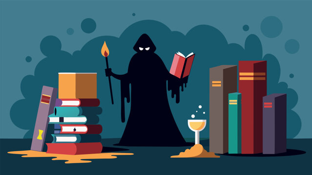 A shadowy figure standing in front of a row of covered textbooks their hand holding a brush and paint to decorate the covers with inspirational quotes.. Vector illustration
