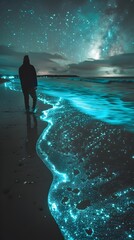 Solitary Figure Walks Glowing Bioluminescent Beach Under Starry Night Sky