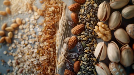 Obraz premium Healthy Eating Campaign Poster Featuring Artistic Arrangement of Grains, Nuts, and Seeds
