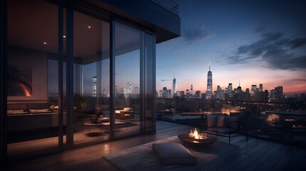 Luxurious Penthouse Apartment Balcony with Cozy Interior and Stunning Cityscape at Dusk