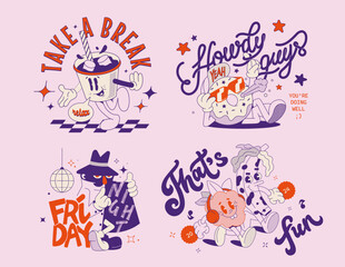 Set of vintage groovy characters and elements for the poster of sticker design. Print for t-shirt, banner, poster, cover, badge and label. Retro 70's typography design. Vector illustration