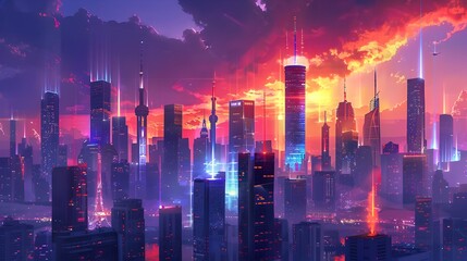 Vibrant and Futuristic Cityscape with Glowing Skyscrapers and Neon Lights in a Dramatic Night Landscape