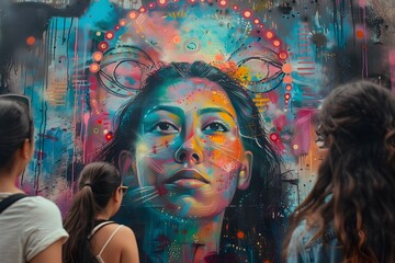 Vibrant Digital Mural Portrait of Emotive Female Face with Abstract Splashes and Graffiti-Inspired Urban Setting