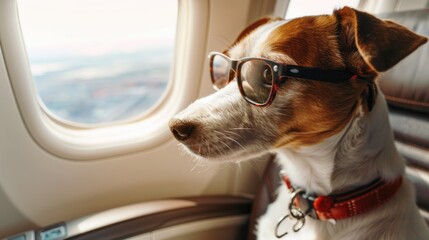 A dog wearing reading glasses in an airplane seat. Pet travel.