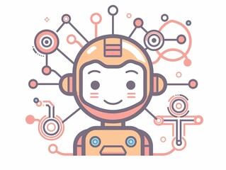 A robot with a smile on its face is surrounded by a lot of wires and circuits