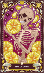 Five of Coins A tarot card in bohemian tones in a modern style in the form of a skeleton. Modern map illustration, minimalistic cartoon skeleton, simple vector drawing.eps