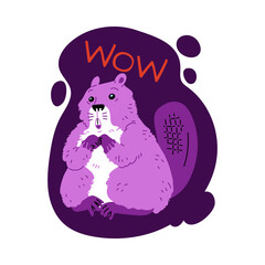 Vector illustration of a surprised cute beaver with purple coloring cartoon flat style.