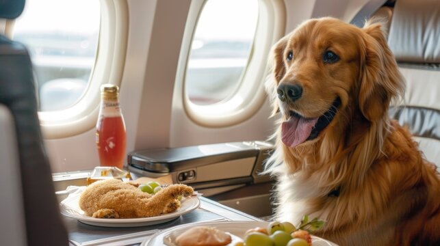 pet bowl full of food inside an airplane window seat where pets are welcome on board