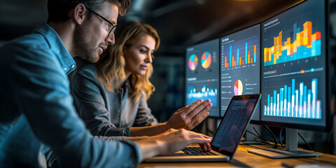Two market analysts Looking at the screen showing the company's earnings and growth.