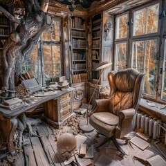 A rustic, cluttered study room with an antique chair, wooden desk, and bookshelves, illuminated by soft natural light from the window.