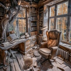 A rustic, cluttered study room with an antique chair, wooden desk, and bookshelves, illuminated by soft natural light from the window.
