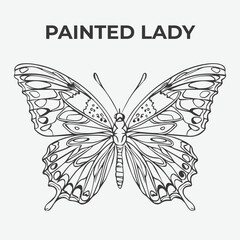 Painted Lady butterfly Detailed Outline for Artistic Coloring. Vector Illustration