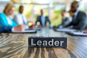 'Leader' nameplate in focus with a blurred background of a business team meeting