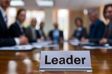 Fototapeta premium Image of a 'Leader' sign in focus with a blurred background of a professional meeting