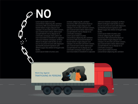 A red truck with a chain around it and the word NO written on it. The truck has a group of people who are being trafficked.World Day Against Trafficking in Persons.
