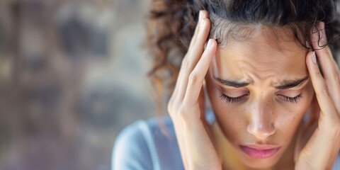 Fototapeta premium A close-up image of a distressed woman holding her head, suggesting migraine or headache caused by physical pain