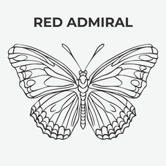 Red Admiral butterfly Detailed Outline for Artistic Coloring. Vector Illustration