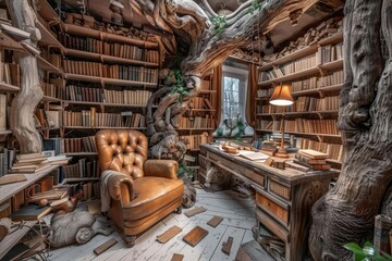 Cozy rustic library with wooden bookshelves, armchair, desk, lamp, and window view surrounded by books, plants, and curved wooden details.