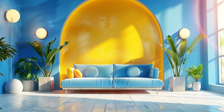 blue and yellow interior design living room