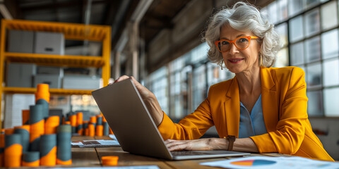 Happy mature businesswoman with laptop in the office,