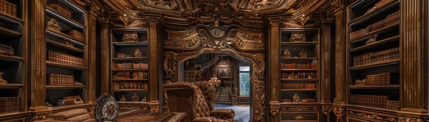 Luxurious old-world library with richly decorated wooden bookshelves, cozy armchair, and ornate ceiling design. Warm, inviting atmosphere.