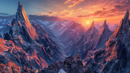 Obraz premium a view of fault-block mountains with towering, angular peaks against a vibrant sunset