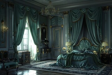Lavishly Decorated Opulent Bedroom in Palatial Historic Interior with Ornate Furnishings and Elegant Decor