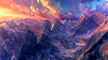 a view of fault-block mountains with towering, angular peaks against a vibrant sunset - Powered by Adobe