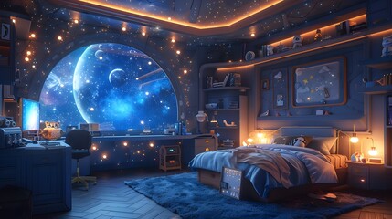 Magical Starry Night Bedroom Overlooking Celestial Landscape